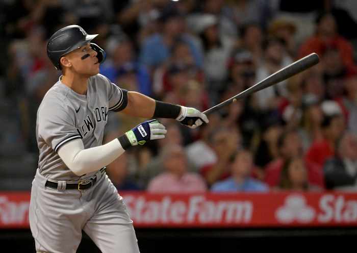 Aaron Judge watches a ball fly towards the outfield. He could be a top target of the SF Giants this offseason.
